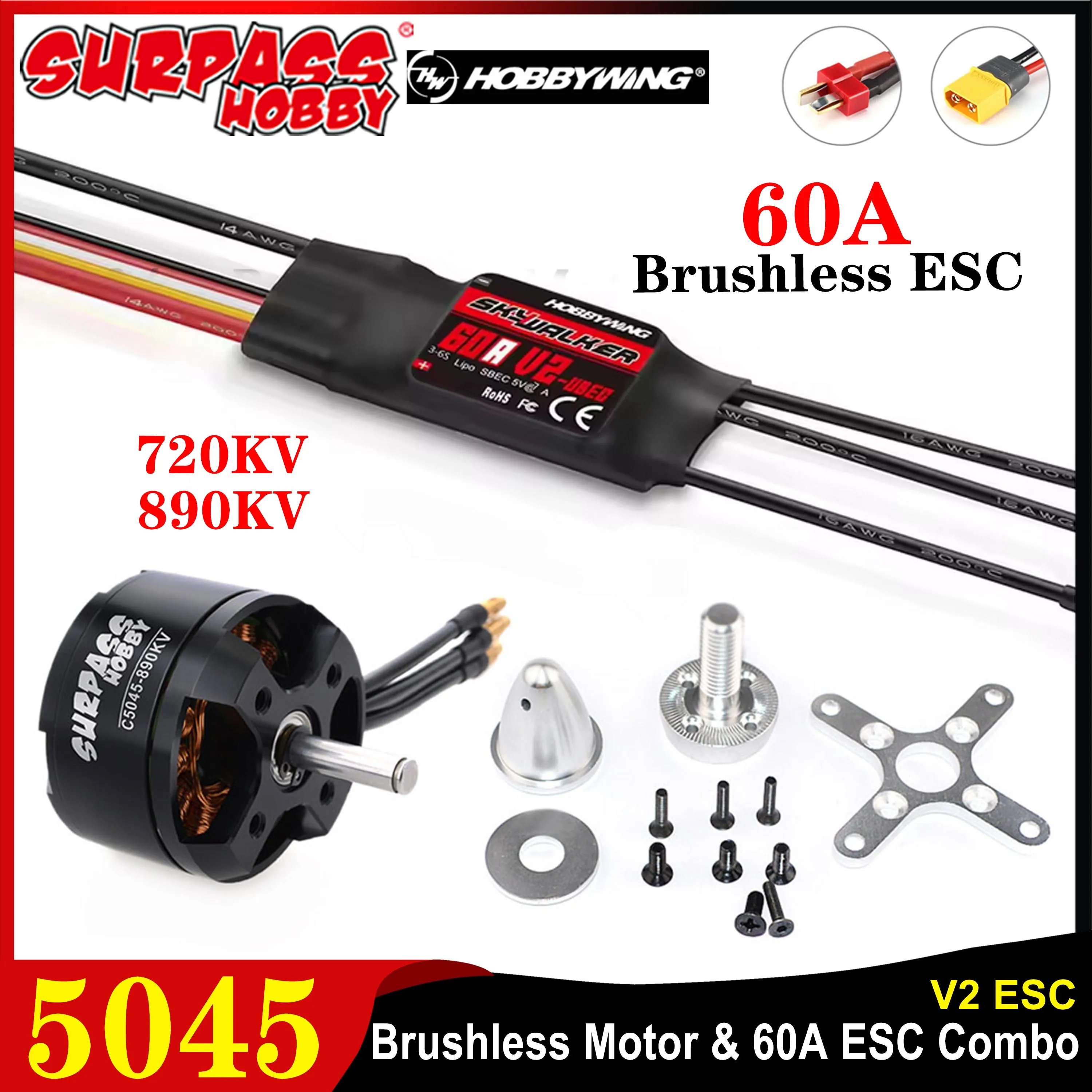 

Surpass Hobby 5045 720KV 890KV Brushless Motor Skywalker V2 60A ESC Combo for RC Aircraft Fixed-wing Quadcopter Glider DIY Parts