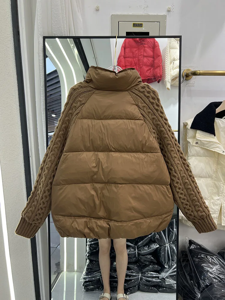 Autumn Winter 2023 New Knitted sleeves Down Jacket Women\'s Thick Warm Fashion Long Sleeve Casual White Duck Down Coat