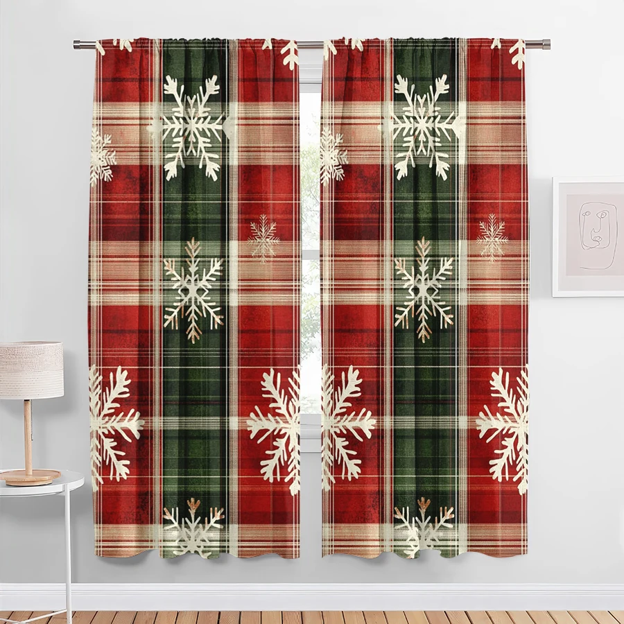 2PCS Digital Print Christmas Curtains, Red Green Plaid White Snowflake, Classic Tartan Window Drapes for Holiday Home Decor