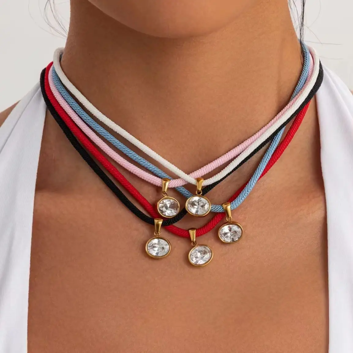 Ingemark 5 Colors Oval Zircon Stainless Steel Pendant Necklace for Women Retro Stacked Rope Chain Choker Necklace Party Jewelry