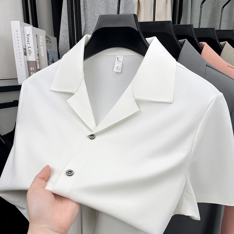 

High quality solid color men's short sleeve shirt new luxury ice silk cool breathable summer fashion casual lapel T-shirt top