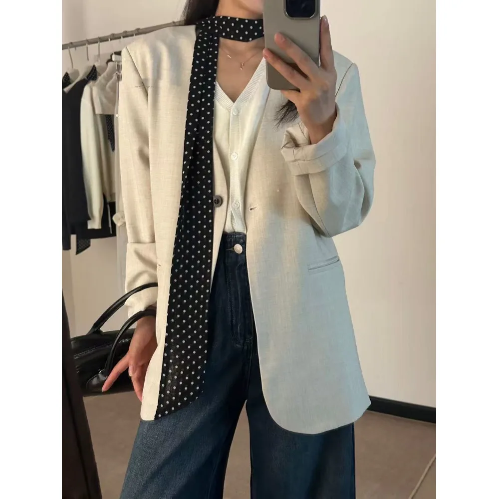 

Women's Chic Loose Nel Suit Jaet Korean Sle Autumn Winter High Quali Simple Elegance Silk Ribbon Detail Commute Ready