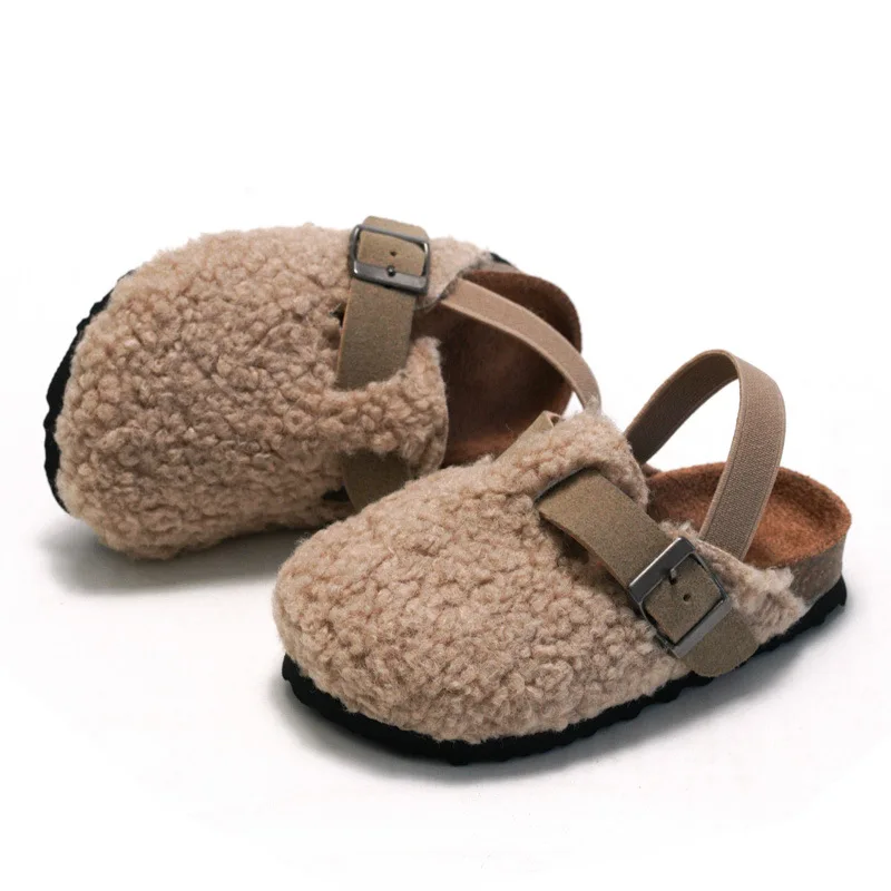 Child Baby Boys Girls Warm Fuzzy Slipper Plush Sandals Cork Faux Fur Flats Toddler Prewalker Slipper Elastic Back Strap