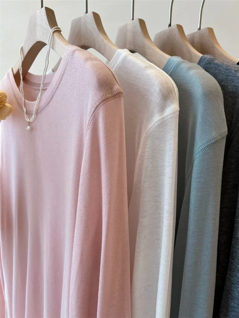 

Soft Plush Long Sleeve T-Shirt Women Outerwear Lightweight Pure Color round Neck Loose Fit Korean Style Commute Fashion