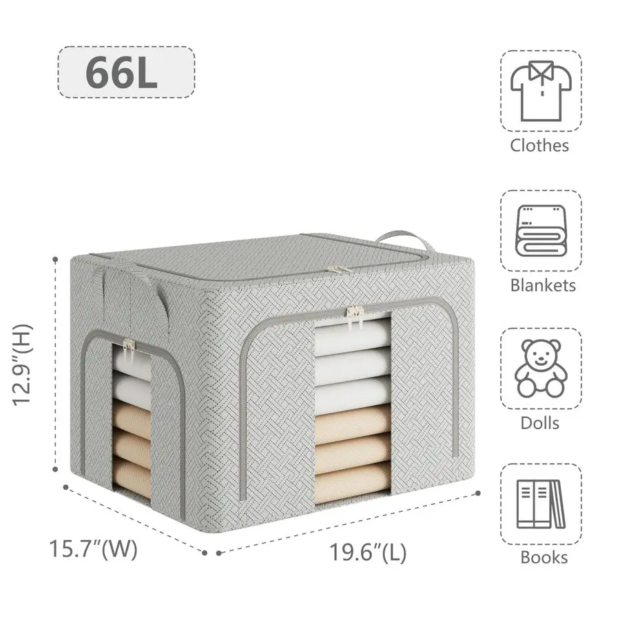 メタルフレーム付き衣類収納ボックス3個パック、クローゼットオーガナイザーと収納ボックス、積み重ね可能で折りたたみ可能な衣類オーガナイザーバッグ