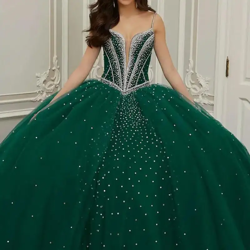 

Emerald Green Ball Gown Quinceanera Dresses Sparkly Beading Crystals Spaghetti Sweet 16 Dress Vestido De 15 Anos Lace-Up