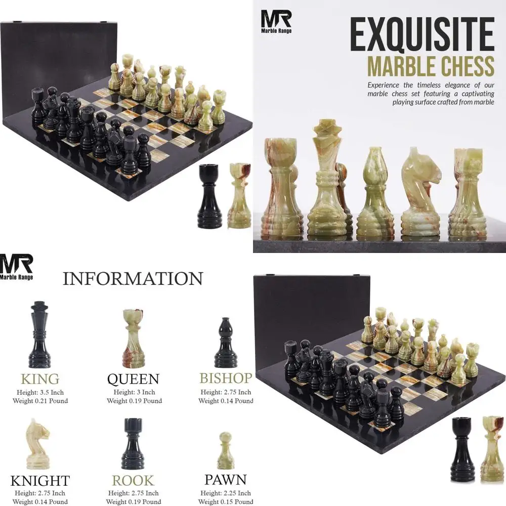 

15 Handcrafted Black & Green Onyx Marble Chess Set for Adults, 32-Piece with 2 Bonus Queens, Storage Box, Travel-Friendly & Eleg