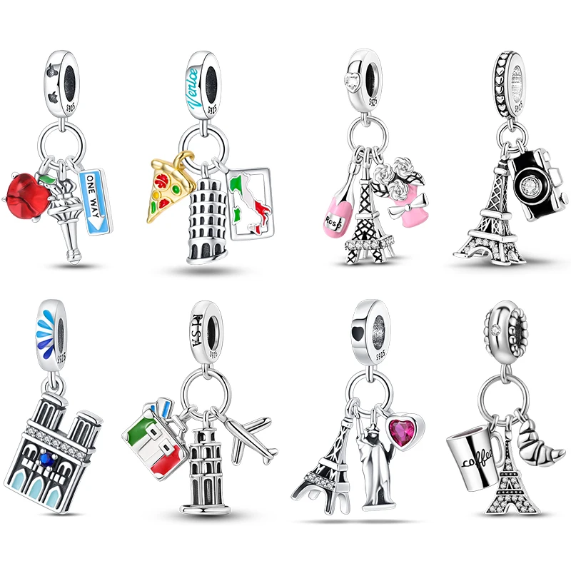 

S925 Sterling Silver Eiffel Tower Triumphal Arch Famous Architectural Charms Beads Fit Pan Original Bracelets DIY Fine Jewelry