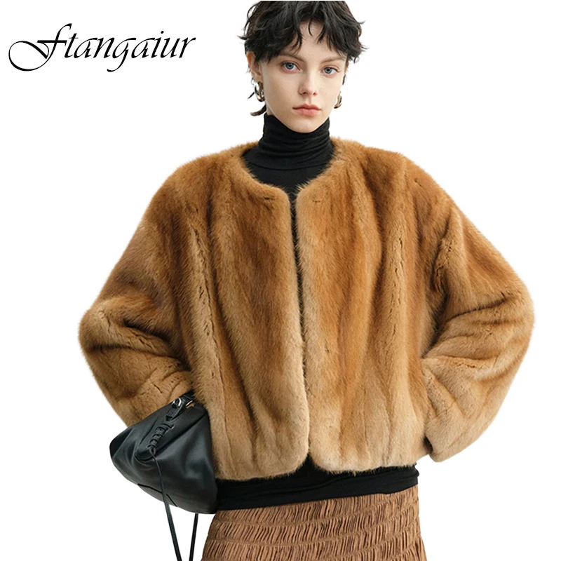 Ftangaiur Winter Mink Fur Coat O-Neck Full Sleeve Mink Coat Pure Color Women New Short Natural Real Mink Fur Coats