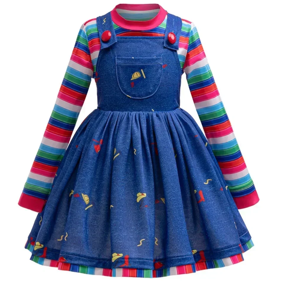 Movie Chucky Doll Cosplay Costume For Kids Striped Top+Print Suspender Dress For Little Girls Horror Halloween Carnival Dress Up