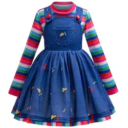 Movie Chucky Doll Cosplay Costume For Kids Striped Top+Print Suspender Dress For Little Girls Horror Halloween Carnival Dress Up