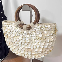 Luxury Purely Handmade Shell Bag Straw Woven Bag Shell Embroidery Tote Bucket Bag Wooden Handle Handbag Evening Clutch Bag