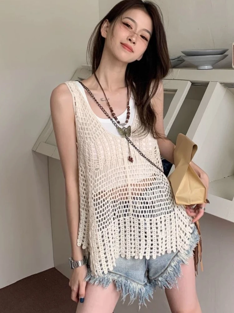 Summer All-match Sweater Vests Women Sweet Korean Fashion Sleeveless V-neck College Streetwear Soft Hollow Out Casual Knitting