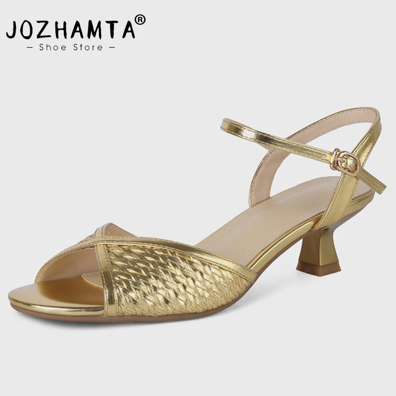 JOZHAMTA Size 34-40 Women Sandals Leather High Heels Summer Shoes For Women 2023 Fashion Ankle Strap Open Toe Heeled Sandals