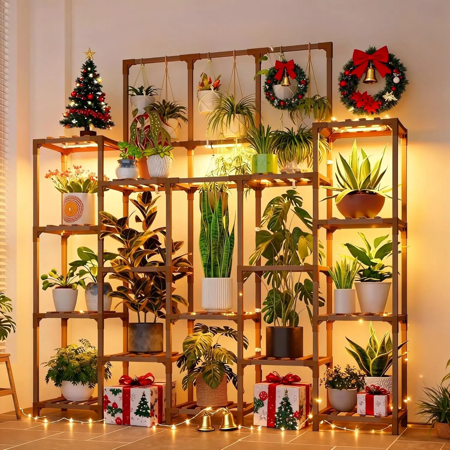 

14-уровневая подставка для комнатных растений с освещением для выращивания растений, большая полка для демонстрации растений, прочная стойка для декора патио в гостиной