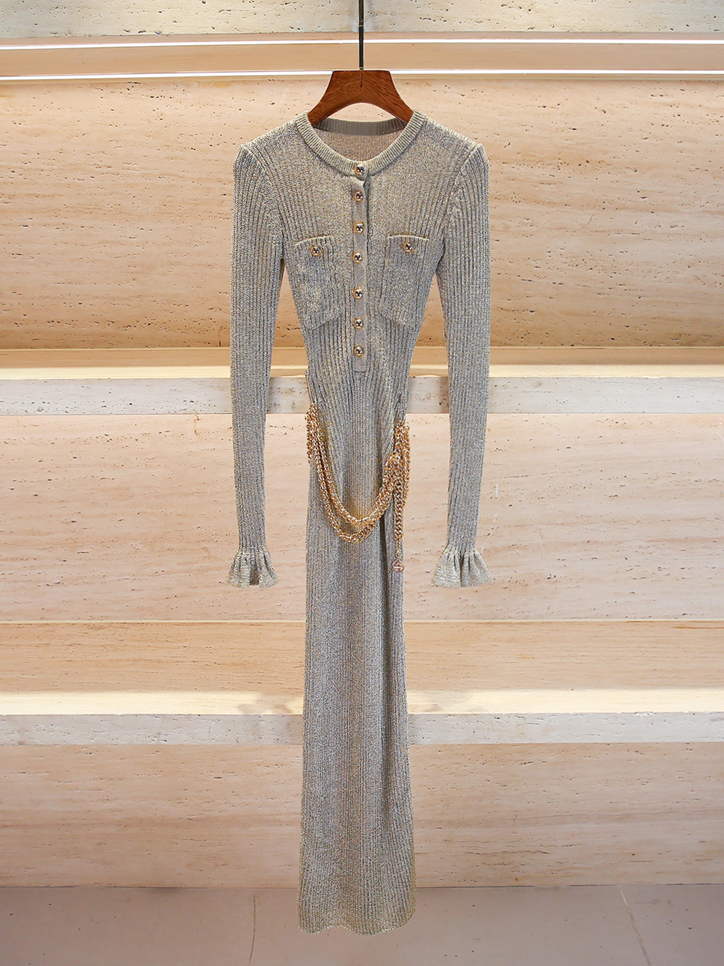 Dr lungo lavorato a maglia a vita alta con catena da cintura Design Ele Sle Pendolarismo Adatto per la stagione autunnale da donna Faion Dr