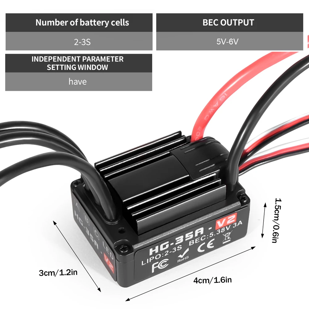 

35A Brushless ESC HG35A for 1:18 RC Trucks and Buggies Featuring External Programming Port and Overheat Protection