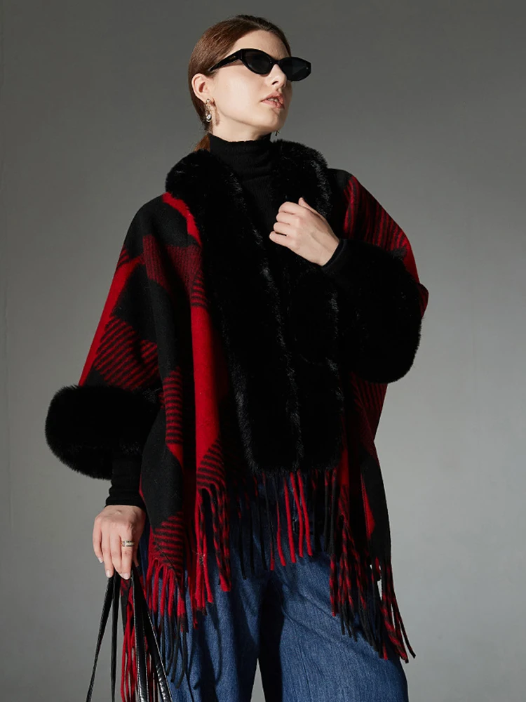 

Winter Scarf Women Lady Layers Poncho Elegant Luxury Faux Fur Collar Retro Red Plaid Tassel Shawl Scarve Capa Para Mujer Fashion