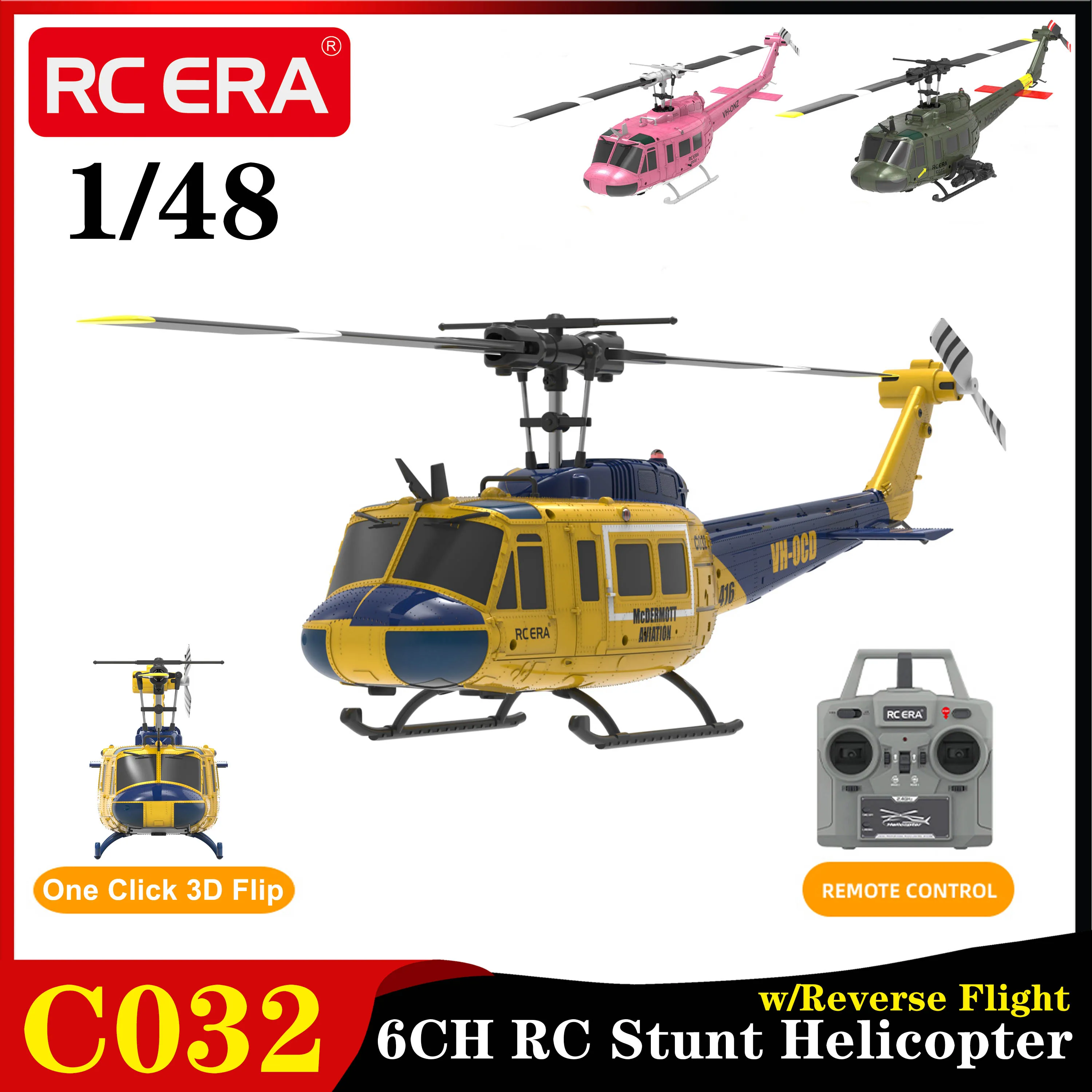 RC ERA C032 RC Stunt Helicopter 6CH One Click 3D Flip Reverse Flight UH1 Simulation Military Model Remote Control Airplane Toys