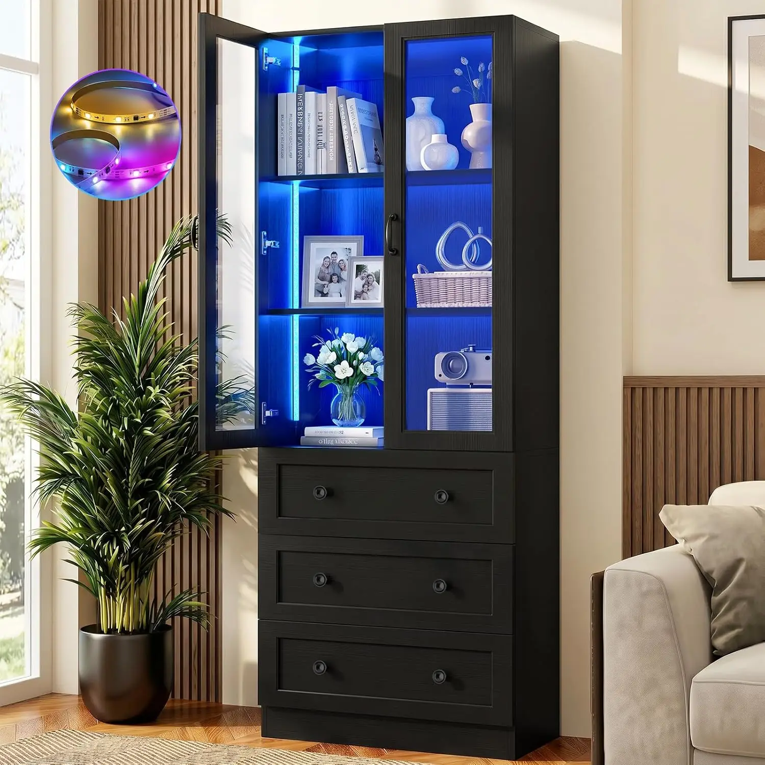 Tall Glass Cabinet with LED Lights & 3 Drawers, 6 Tier Curio Cabinet for Bedroom Living Room Office, Black, Customized