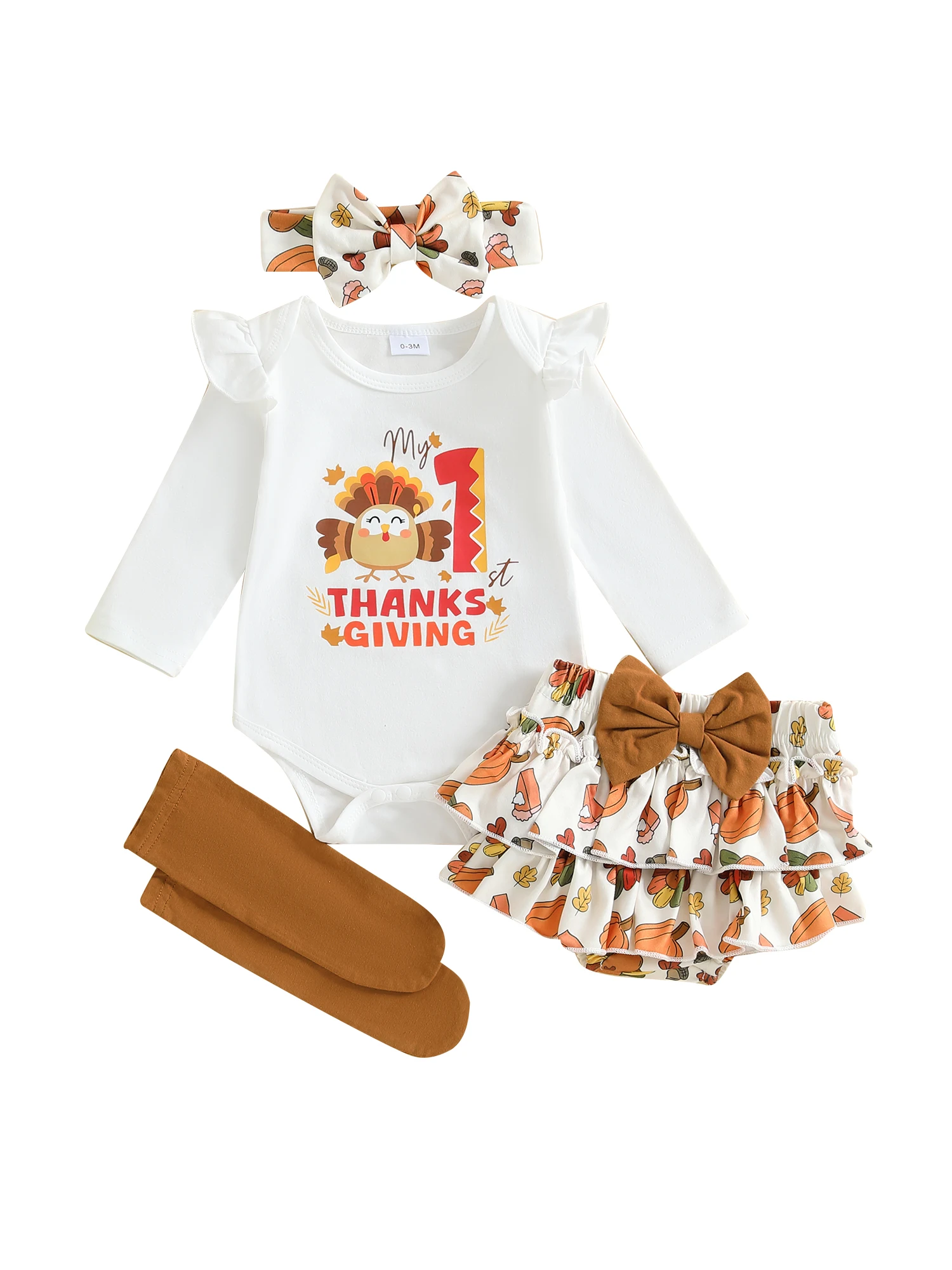 Adorable Baby Girls Autumn Ensemble with Long Sleeve Turkey Print Romper Skirt Shorts Headband and Socks - Complete Infant