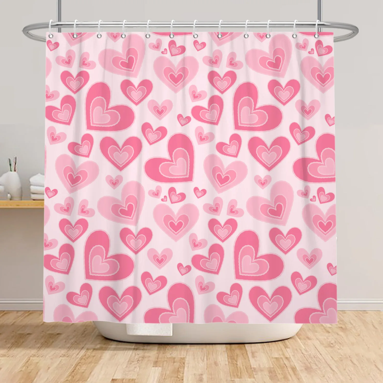 Pink Heart Shower Curtain Romantic Valentine\'s Day Bathroom Decoration Polyester Fabric Waterproof Hanging Curtains With Hooks