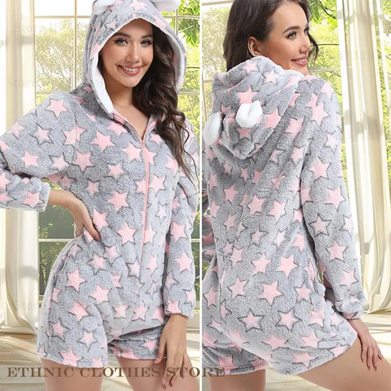 

Coral Fleece Women Jumpsuit Pajama Home Clothes Cartoon Flannel Hooded Long Sleeve Shorts Onepieces Sleepwear Thicken Loungewear