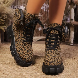 Botki damskie 2024 Winter New Outdoor leopard print Sexy High Heels Fashion Boots Lace Up Shoes Women Platform Boots