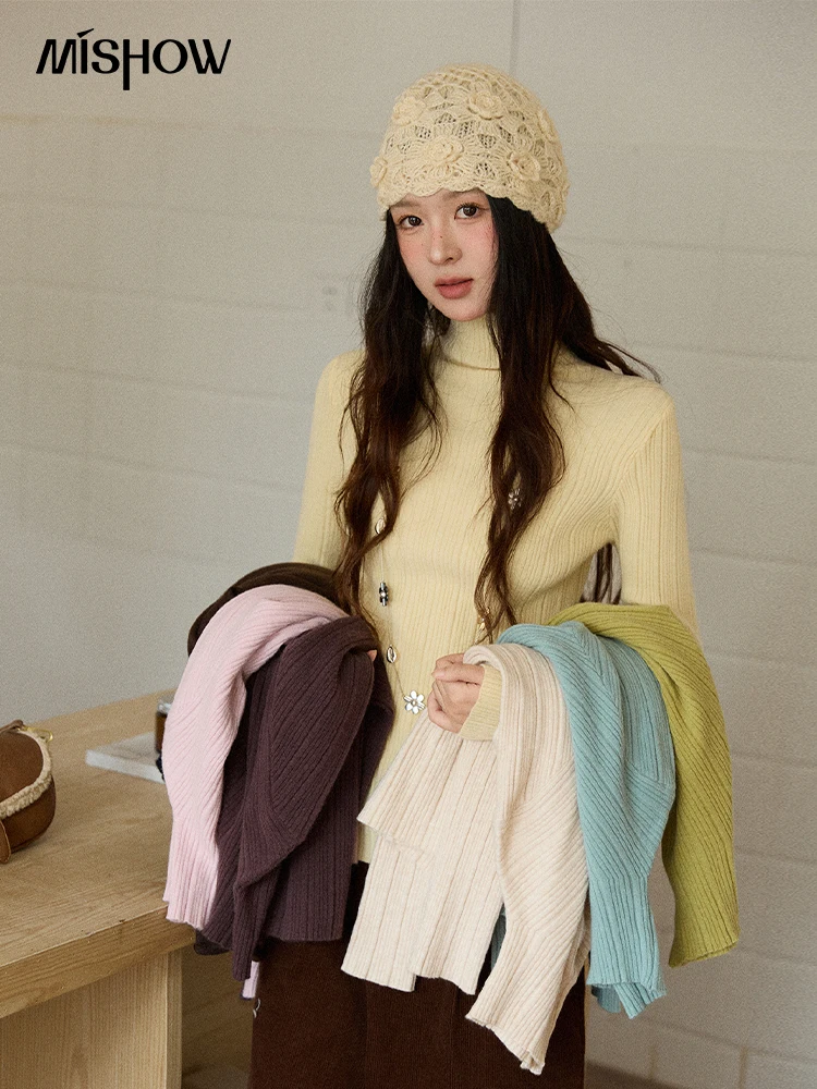 

MISHOW женские топы с длинными рукавами, зима 2025, простой однотонный свитер с воротником, облегающий повседневный топ в рубчик с вертикальным ребрами MXE86Z2656