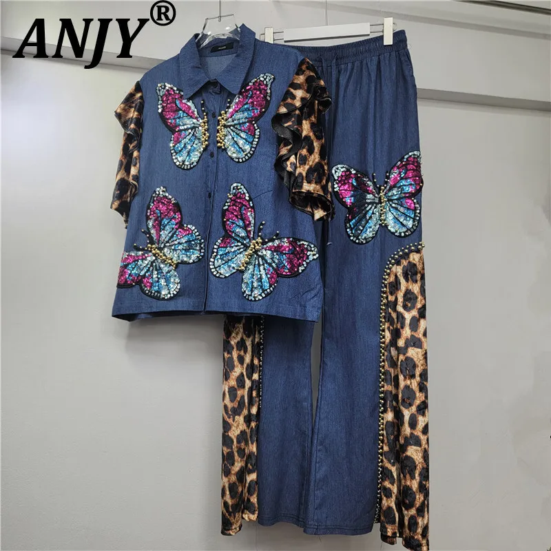 

ANJY Осенний комплект из 2 предметов, женская одежда, европейская джинсовая рубашка с короткими рукавами и блестками-бабочками, прямые широкие джинсовые брюки A13912
