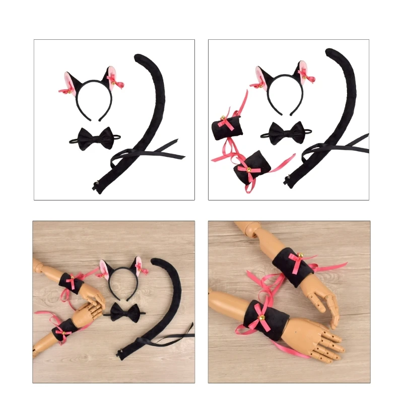 3/4 Stuks Kat Kostuums Voor Kinderen Volwassen Kat Oren Hoofdband Staart Bowtie En Morsmouw Halloween Animal Cosplay accessoires