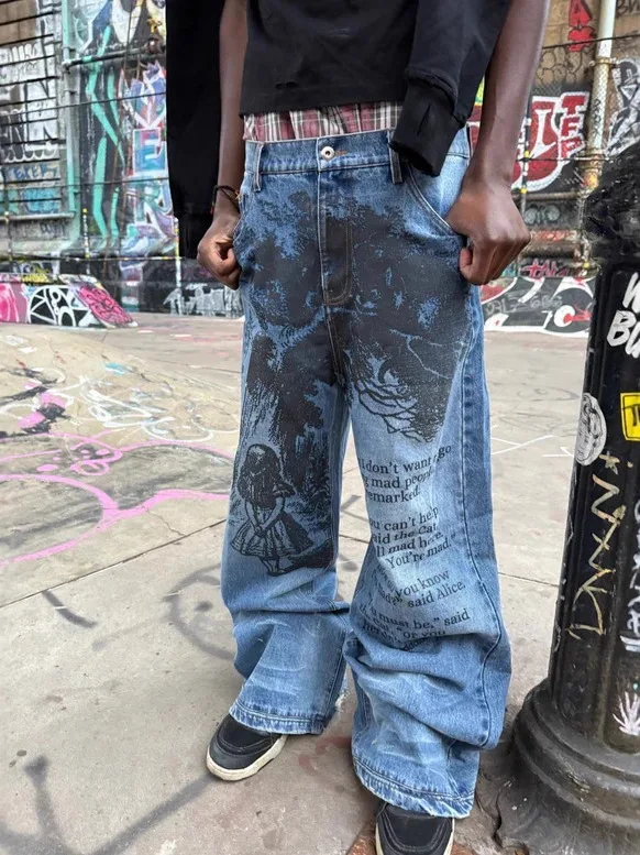 

Готические ретро-джинсы прямого кроя в уличном стиле, универсальные, с новым принтом, модные, с низкой талией, из полиэфирного волокна, повседневные, свободного кроя