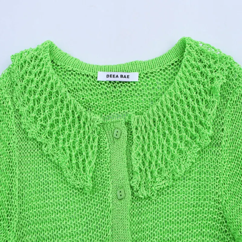 

Summer New Arrival Women's Faion Knitted Hollow out ort Sve Turn-down Collar Coat Regular Length Five Button Closure