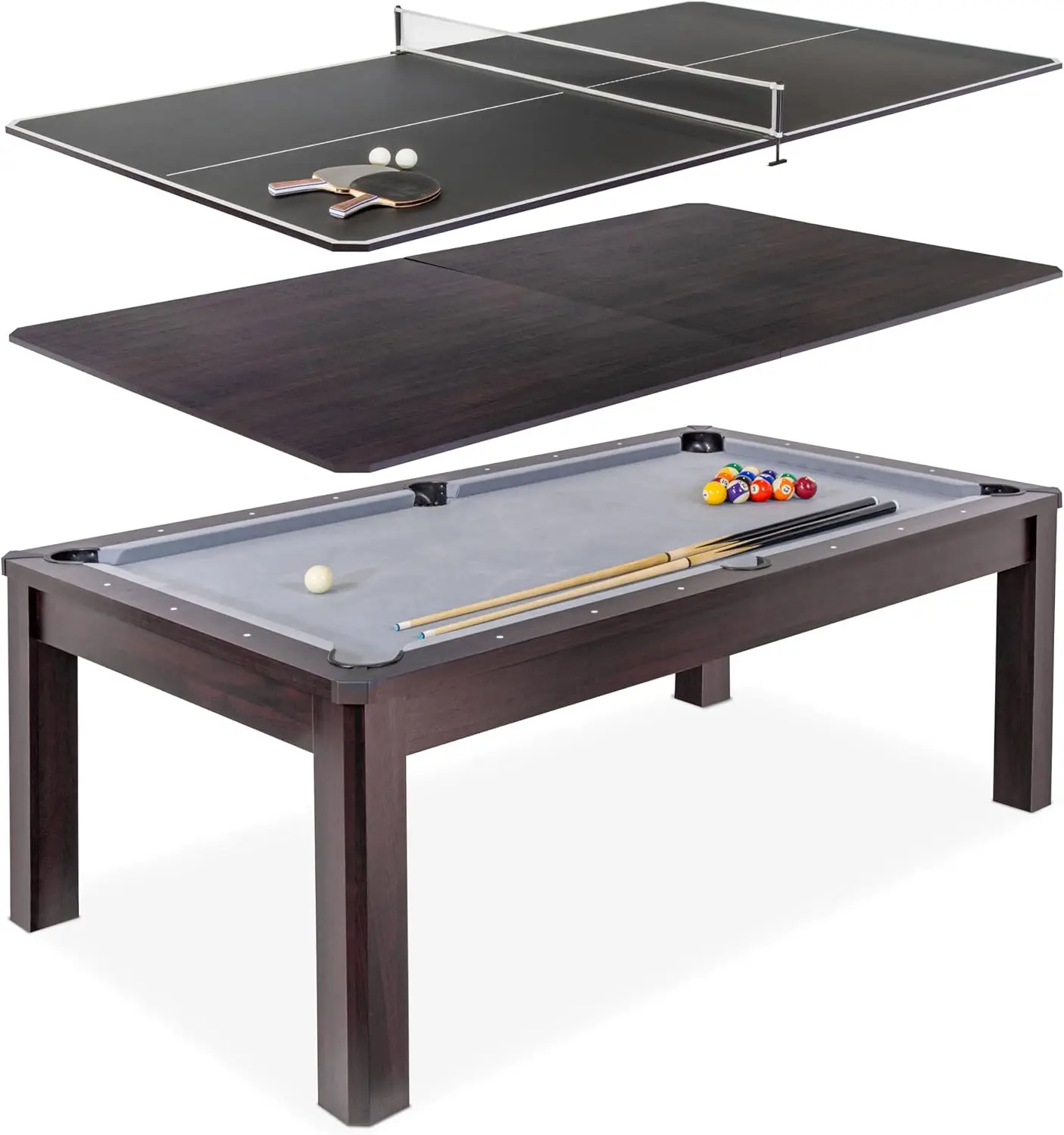 

7ft Luxury 3-in-1 Indoor Multi-Function Game Table Equipped with Table Tennis and Billiards Dining Features for Pool Sports