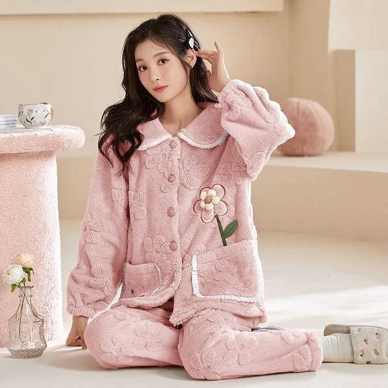 Coral Velvet Pajamas Women Winter Thickened Velvet Padded Sweet Sleepwear Sets Female Flannel Warm Loose Loungewear Suit 2024