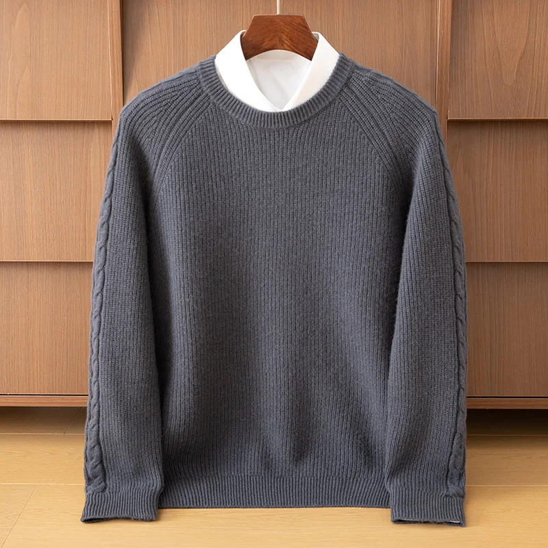 

High Quality Men 100% Cashmere Sweater Autumn Winter O-neck Long Sleeve Pullover Cable Knit Smart Casual Thick Clothing Tops