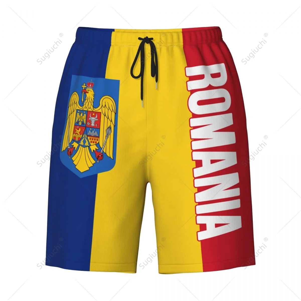 Pantaloni da spiaggia con bandiera della Romania da uomo pantaloncini da surf ragazzi calcio ciclismo costumi da bagno in esecuzione poliestere