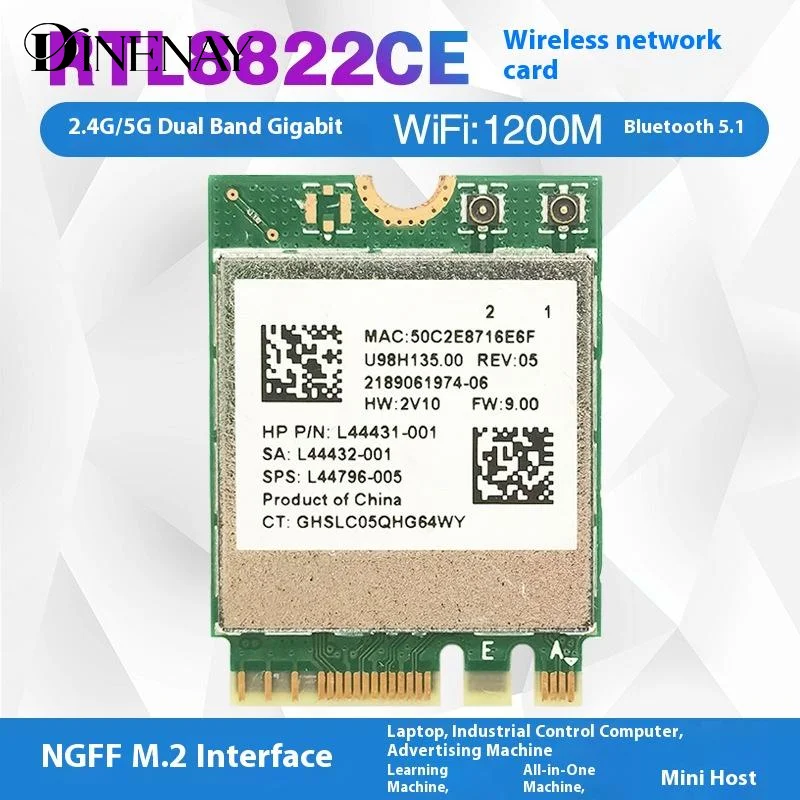 1 conjunto de cartão wi-fi compatível com bluetooth, 2.4ghz, conector ipx, rtl8822ce, banda dupla 802.11ac, 1200mbps, m2, cartão wi-fi