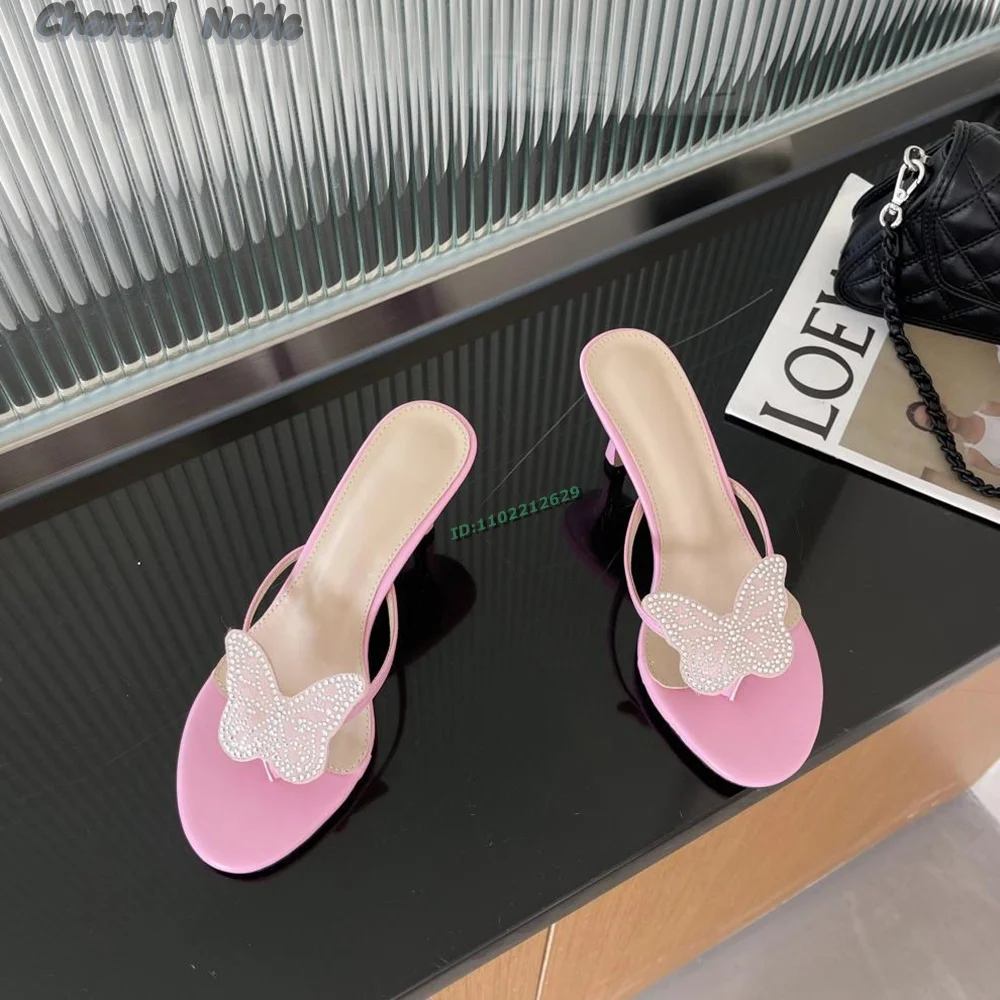 

Butterfly Crystals Split Toe Slippers Round Peep Toe Slip-on Summer Outdoors Mid High Heels Dress Black Pink Green Yellow White