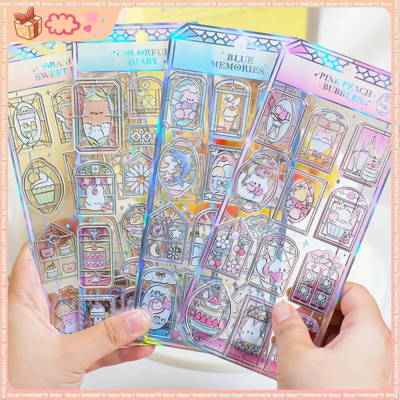 

Kawaii Transparent Window Square Sticker Cartoon Student Glue Sticker Diy Mobile Phone Case Hand Book Decoration Sticker Gift