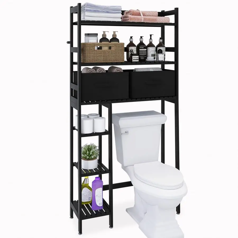 

OverTheToilet Storage Rack, 6Tier Bamboo Large Bathroom Organizer with Side Shelves and 2 Drawers, Stable Freestanding Space Sa