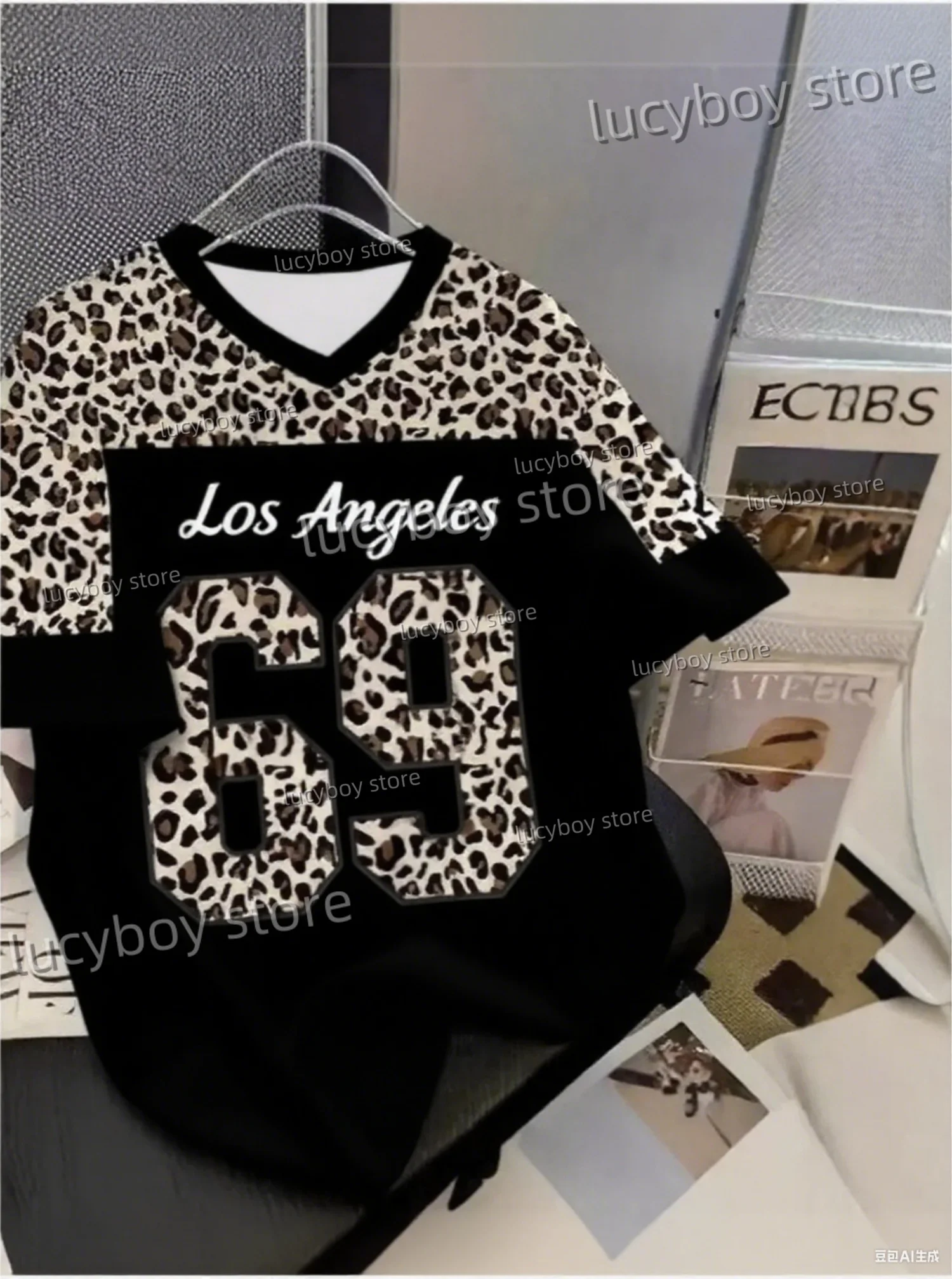 

New In Men Color Blocked Leopard 69 Print T-Shirt Man Short Sleeves V-Neck Plus Size T-Shirt Vintage Jersey Tees Men Clothing