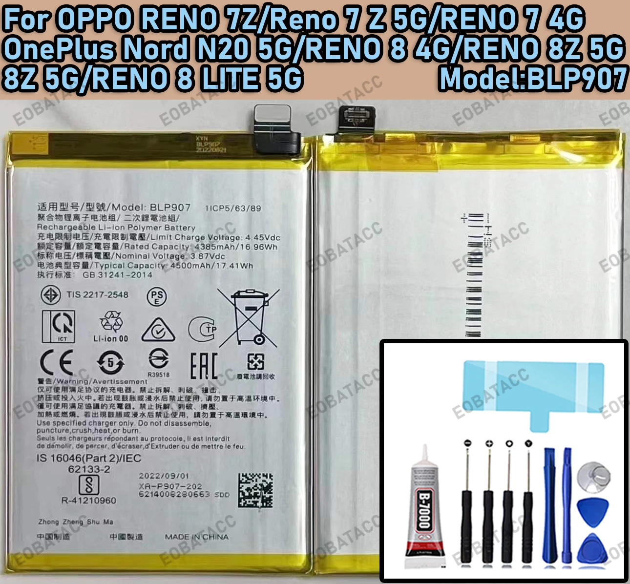 100% New Zero Cycle BLP907 Battery For OPPO RENO 8 4G/RENO 8Z 5G/RENO 8Z/RENO 8 LITE 5G Batteria+Tools