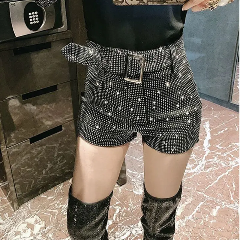 Black Rhinestone Shorts Women Chic  Full Diamonds Female Stretch High Waist Glittering Bling Were Thin Hip Hot Pants LX541