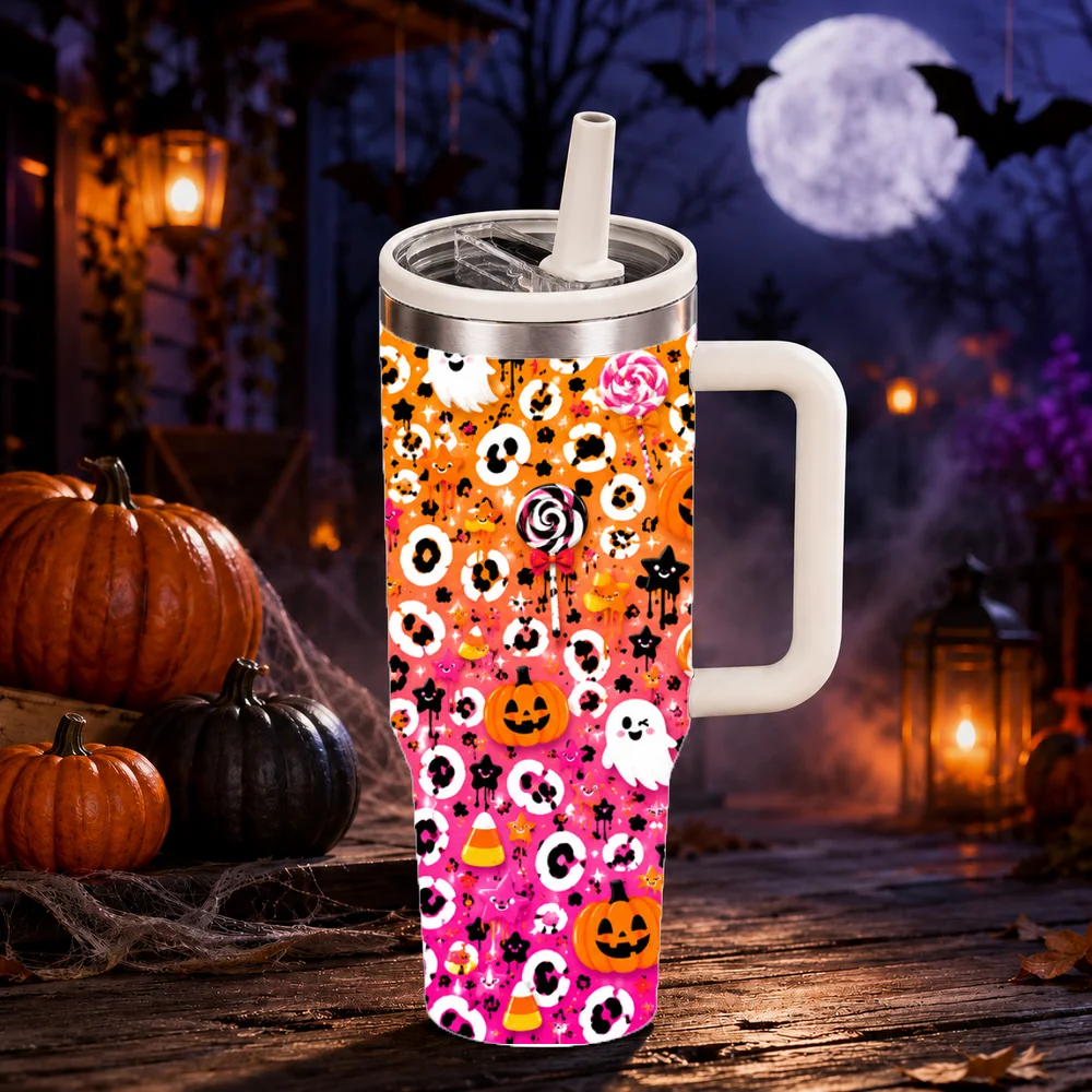 Leopard Halloween Magic Vacuum Flasks 40oz Large Capacity Stainless Steel Tumbler with Handle Straw Lid Insulated Travel Mug Cup