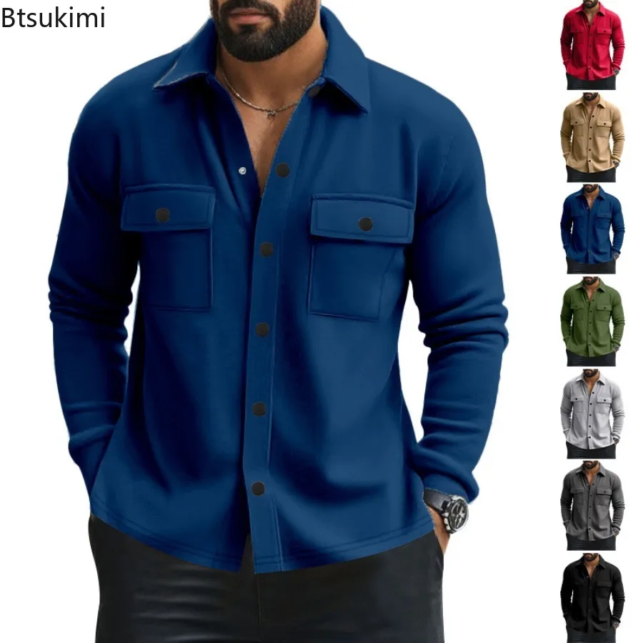 

Новые мужские однотонные винтажные куртки с воротником с лацканами и двойными карманами, облегающие флисовые пальто на пуговицах, весенне-осенние модные мужские топы