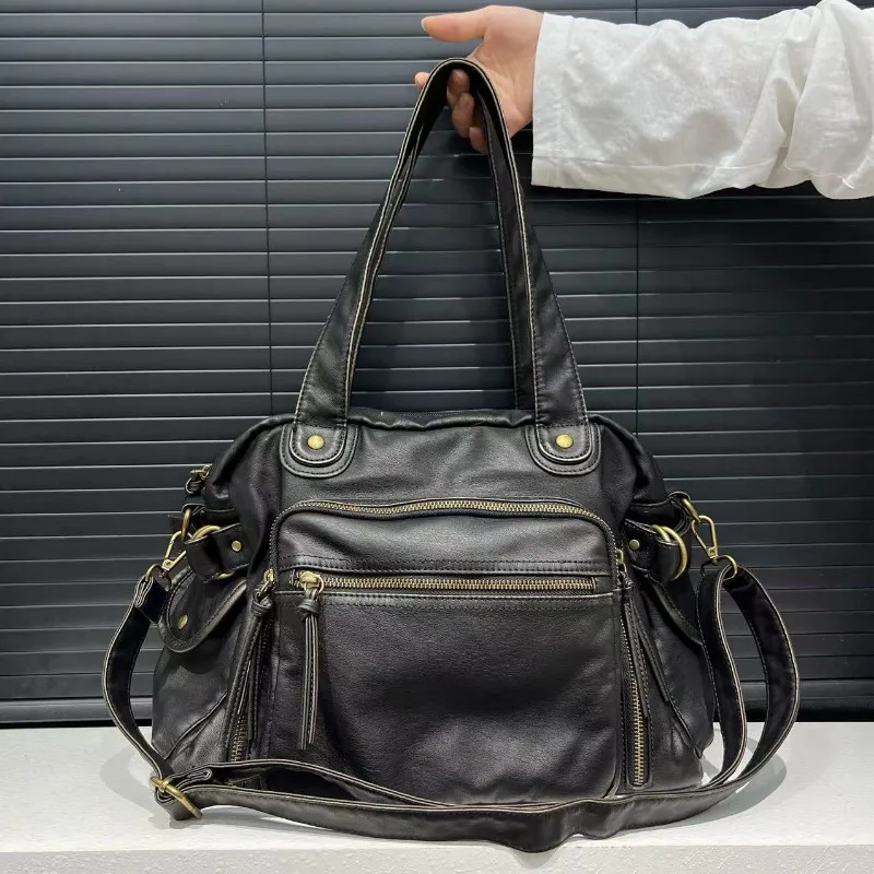 Borsa da moto per ragazza calda Y2K invecchiata alla moda da donna borsa a tracolla in pelle vegana lavata Multi-tasca di grande capacità