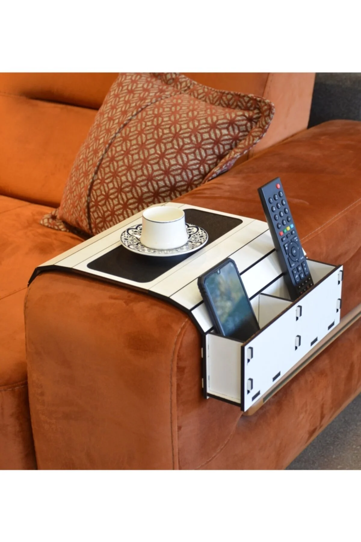 ARKITEKT EX Sofa Tray Table Remote Control And Cellphone Organizer Arm Rest Holder With Pockets Fits Over Square Chair Arms