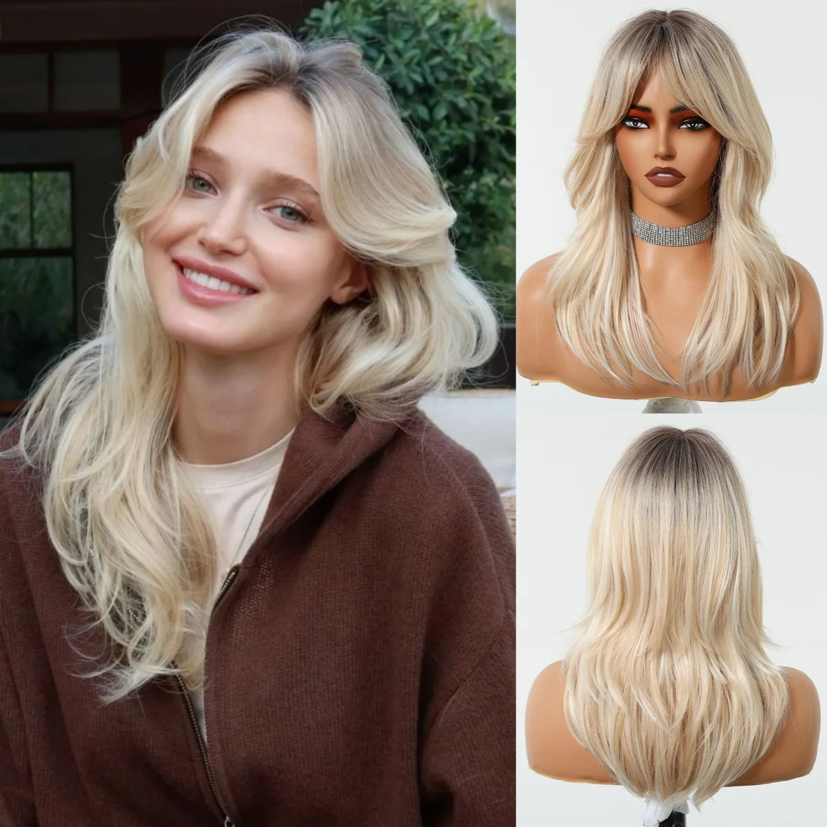 Ombre Blonde Mixed Platinum Synthetic Wig with Eight-character Bangs for Women Natural Layered Straight Wig Cosplay Lolita Wig