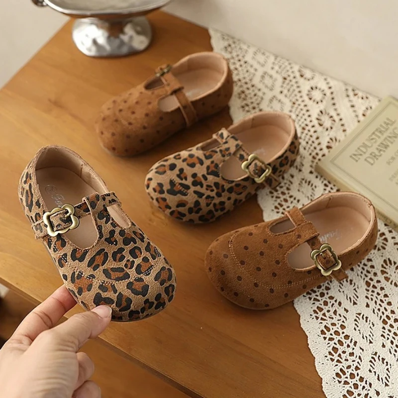 Retro Children Causal Leather Shoes New Leopard Print Polka Dot Girls Suede Mary Jane Shoes T-Strap Kids Party Dress Flat Shoes